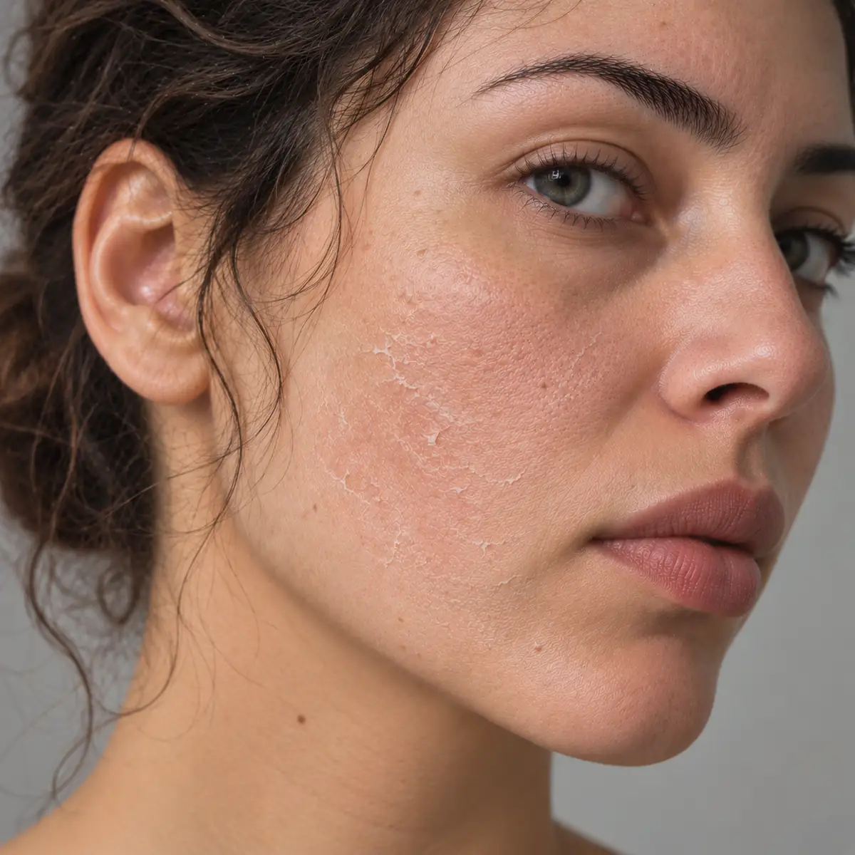 Peau du visage sèche et déshydratée présentant des zones de desquamation