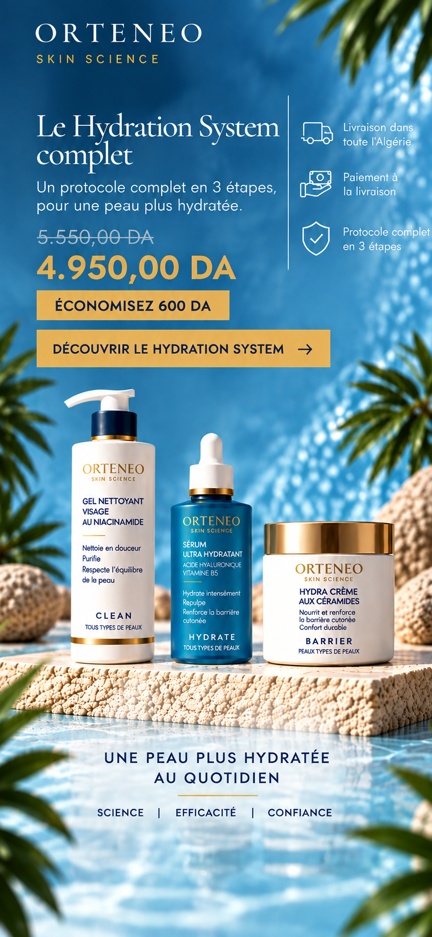 Hydration System ORTENEO — visuel mobile du protocole complet en 3 étapes