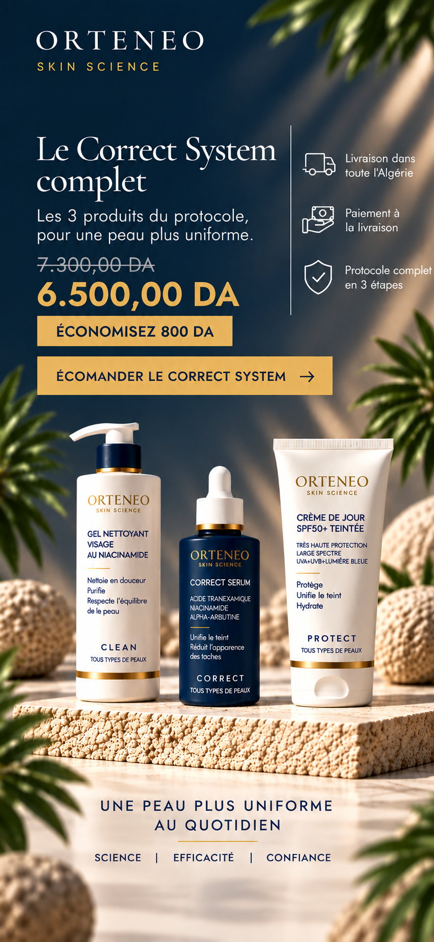 Correct System ORTENEO — visuel mobile du protocole complet en 3 étapes