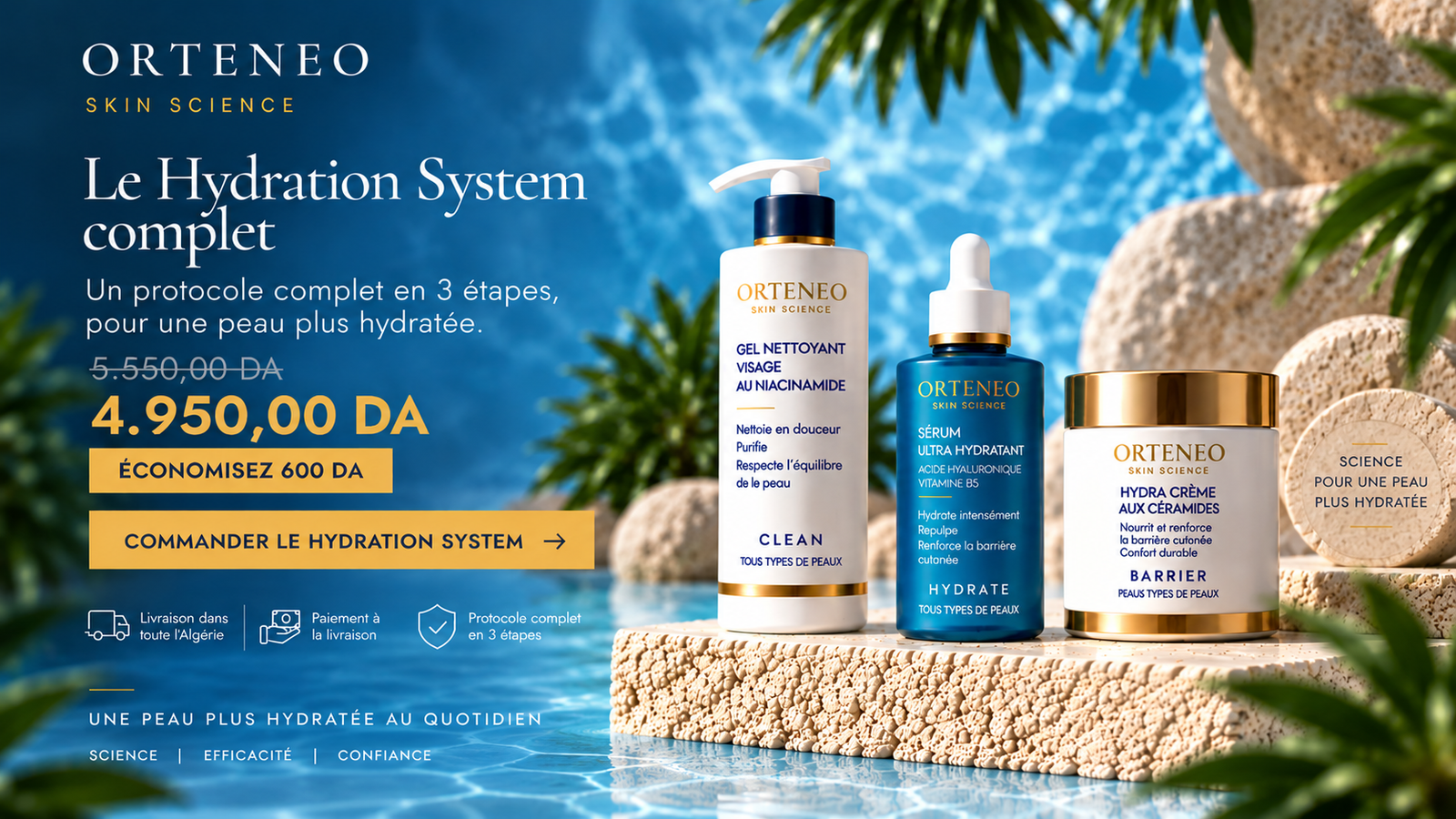 Hydration System ORTENEO — visuel desktop du protocole complet en 3 étapes