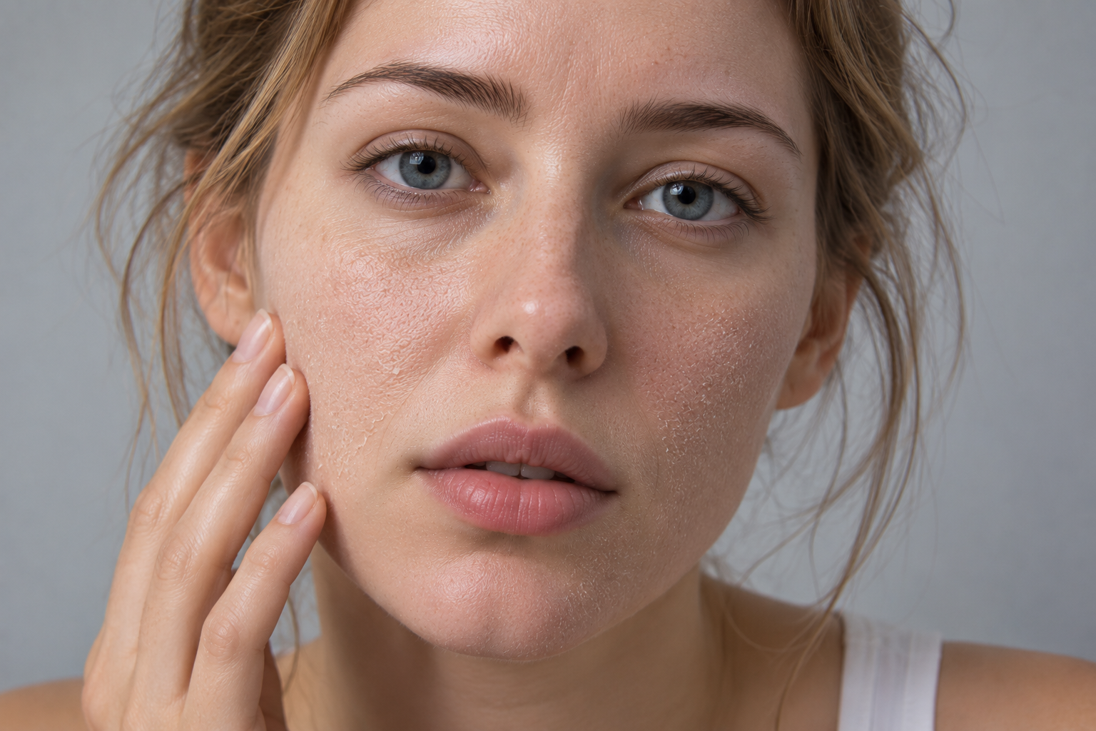 Peau du visage sèche et déshydratée présentant des zones de desquamation
