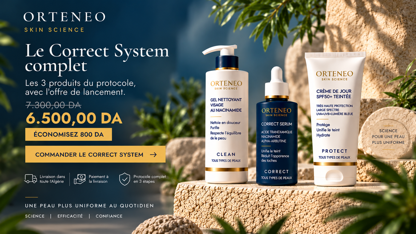 Correct System ORTENEO — visuel desktop du protocole complet en 3 étapes