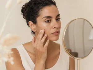 Observation du type de peau devant un miroir — conseil ORTENEO
